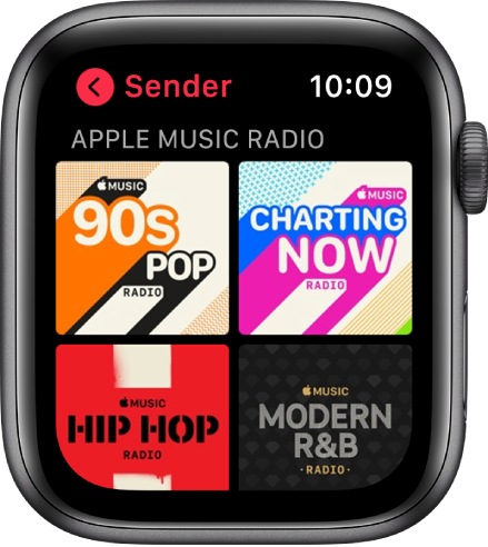 Die Anzeige „Radio“ mit vier Apple Music-Radiosendern.
