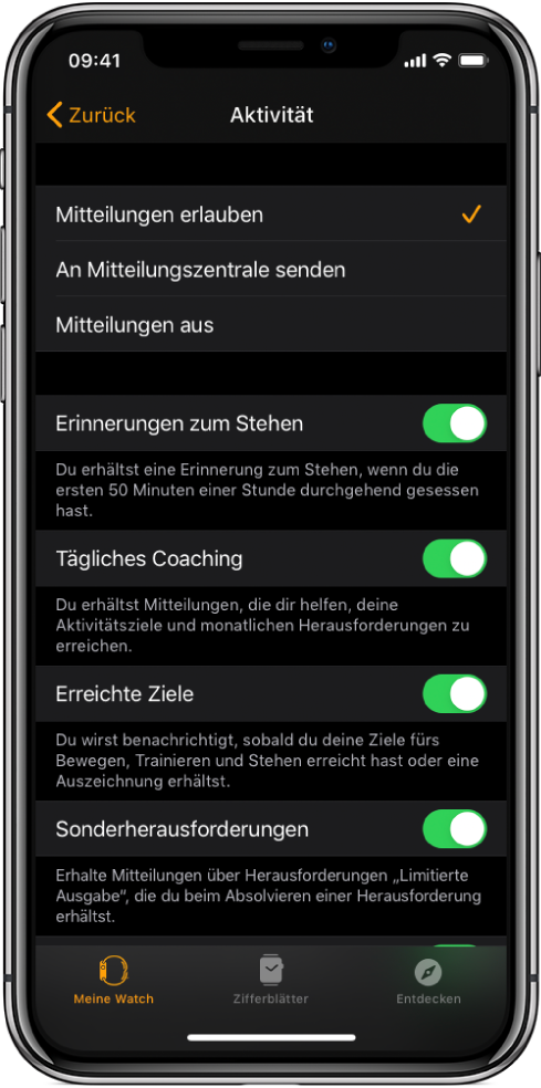 Der Aktivitätsbildschirm in der App „Apple Watch“, in dem du die Mitteilungen, die du erhältst, anpassen kannst.