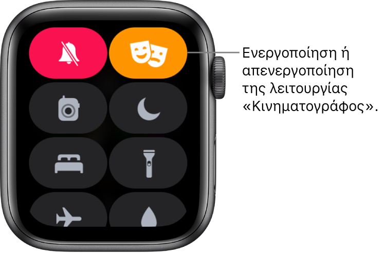 Το Κέντρο ελέγχου με επισημασμένα τα κουμπιά «Λειτουργία κινηματογράφου» και «Αθόρυβη λειτουργία» που υποδηλώνει ότι η Λειτουργία κινηματογράφου είναι ενεργοποιημένη.