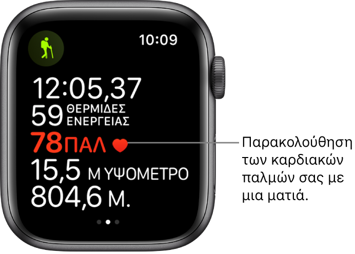 Οθόνη που εμφανίζει στατιστικά προπόνησης, συμπεριλαμβανομένου του χρόνου που έχει παρέλθει και των καρδιακών παλμών.