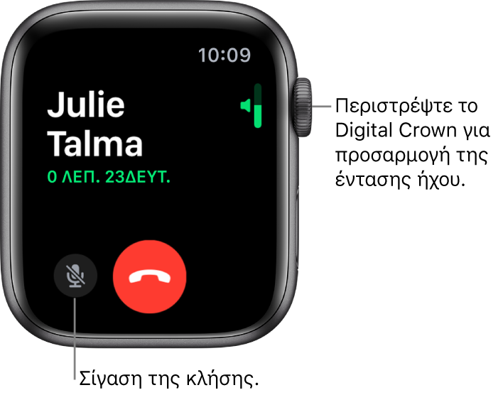 Κατά τη διάρκεια μιας εισερχόμενης τηλεφωνικής κλήσης, η οθόνη εμφανίζει την οριζόντια ένδειξη έντασης ήχου πάνω δεξιά, το κουμπί «Σίγαση» κάτω αριστερά και το κουμπί «Απόρριψη». Η διάρκεια της κλήσης εμφανίζεται κάτω από το όνομα του καλούντος.