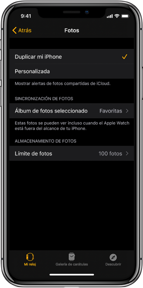La configuración de Fotos en la app Apple Watch en el iPhone, con la configuración “Sincronización de fotos” en el centro y la configuración "Límite de fotos" abajo.
