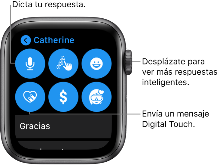La pantalla de respuesta mostrando los botones, Dictar, Escribir, Emoji, Digital Touch, Apple Pay y Memoji. Debajo se muestran las respuestas inteligentes. Gira la corona Digital Crown para ver más respuestas inteligentes.