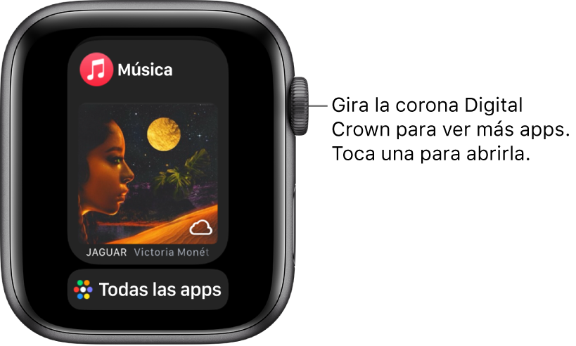 El Dock mostrando la app Música con el botón “Todas las apps” debajo. Gira la corona Digital Crown para ver más apps. Toca una para abrirla.