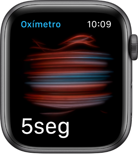 La pantalla Oxígeno en Sangre tomando una medida; contando de 5 a 0.