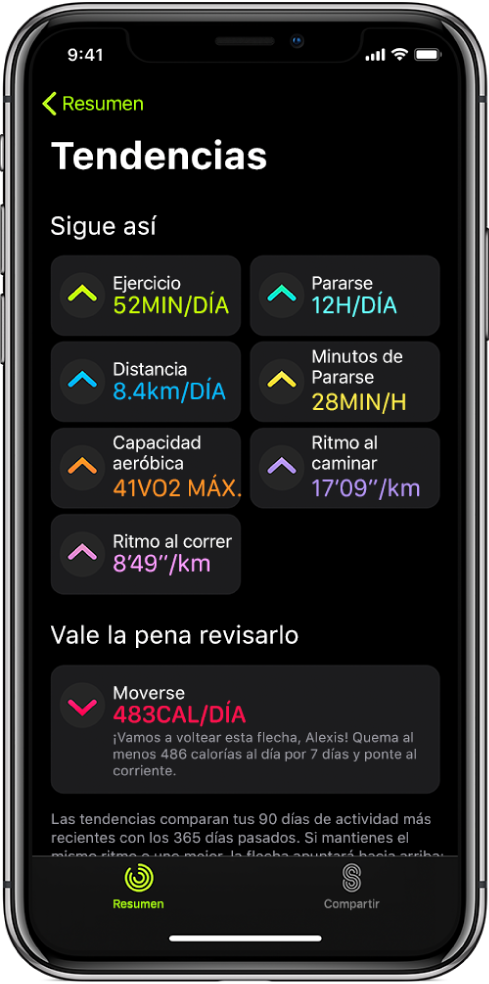 La pestaña Tendencias de la app Fitness en el iPhone. Se muestran varias métricas debajo del encabezado Tendencias cerca de la parte superior de la pantalla. Las métricas incluyen Ejercicio, Pararse, Distancia y más. Debajo de la sección "Vale la pena revisarlo" se muestra la tendencia Moverse.