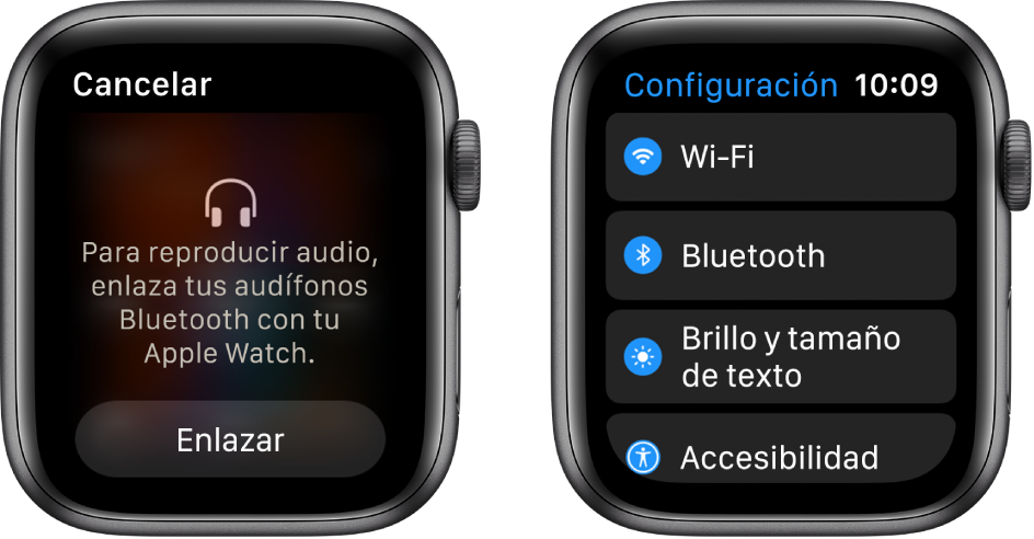 Dos pantallas lado a lado. En la izquierda se encuentra una pantalla que solicita que conectes unos audífonos Bluetooth al Apple Watch. El botón “Enlazar dispositivo” está en la parte inferior. A la derecha se encuentra la pantalla Configuración, mostrando en una lista los botones Wi-Fi, Bluetooth, Pantalla y tamaño de texto y Accesibilidad.