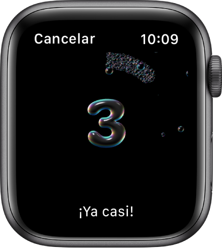 La pantalla Lavado de Manos con una cuenta regresiva desde 3. Las palabras “’Ya casi!” se muestran en la parte inferior.