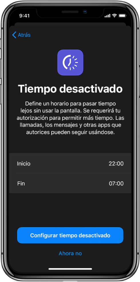 El iPhone está mostrando la pantalla de configuración de “Tiempo desactivado”. Elige una hora de inicio y una de fin en el centro de la pantalla. Los botones “Configurar tiempo desactivado” y “No ahora” están en la parte inferior de la pantalla.