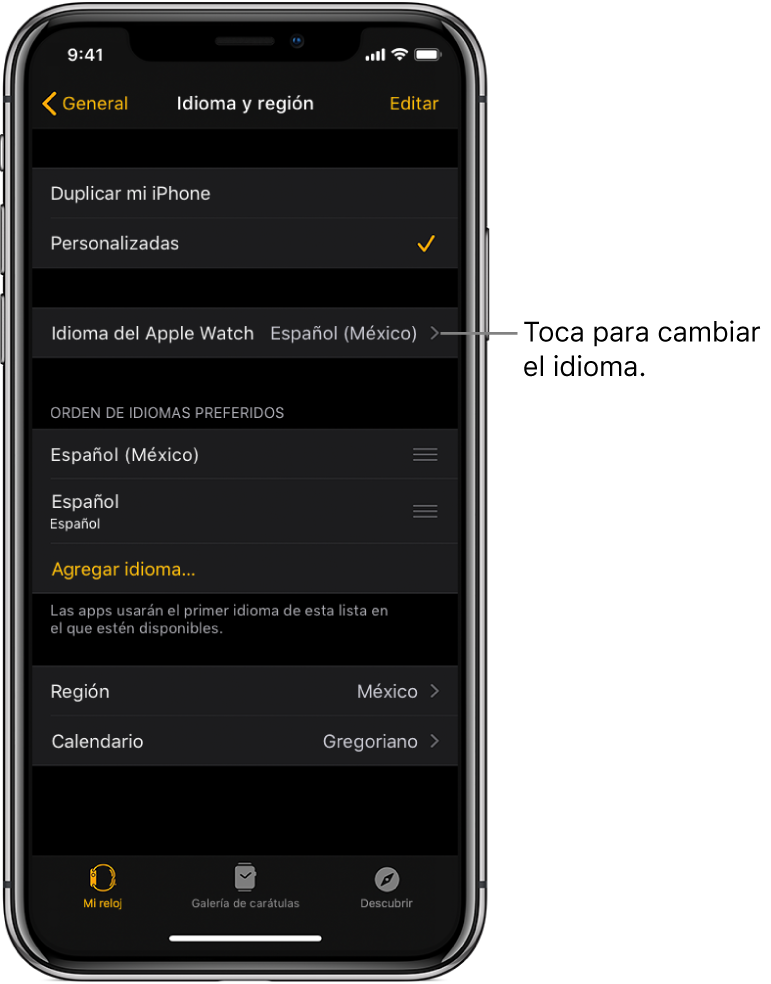 La pantalla "Idioma y región" en la app Apple Watch con la configuración Idioma del Apple Watch en la parte superior.