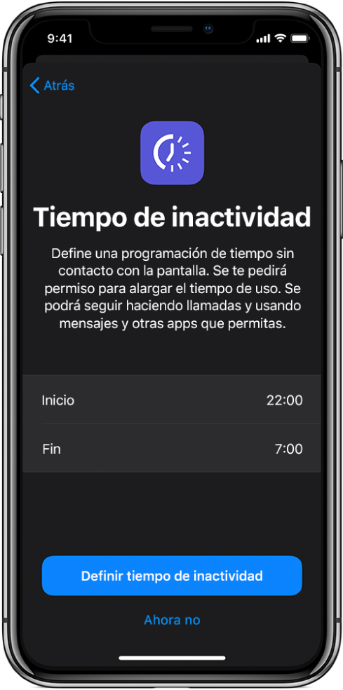 iPhone con la pantalla de configuración de tiempo de inactividad. Elige la hora de inicio y fin en el centro de la pantalla. Los botones “Definir tiempo de inactividad” y “Ahora no” están al final de la pantalla.