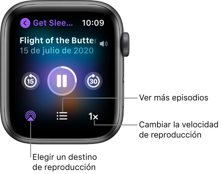 Una pantalla “Ahora suena” de Podcasts, con el título del programa, el título del episodio, la fecha, el botón de retroceder 15 segundos, el botón de pausa, el botón de avanzar 30 segundos, el botón de AirPlay, el botón de episodios y el botón de velocidad de reproducción.
