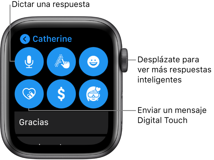 Pantalla de respuesta con los botones Dictar, “Escribir a mano”, Emoji, “Digital Touch”, “Apple Pay” y Memoji. Las respuestas inteligentes aparecen a continuación. Gira la corona Digital Crown para ver más respuestas inteligentes.
