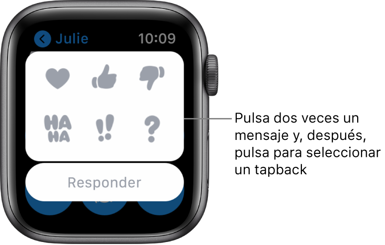 Conversación de Mensajes con opciones de Tapback: corazón, pulgar hacia arriba, pulgar hacia abajo, risa, doble signo de cierre de exclamación y signo de cierre de interrogación. Debajo hay un botón Responder.
