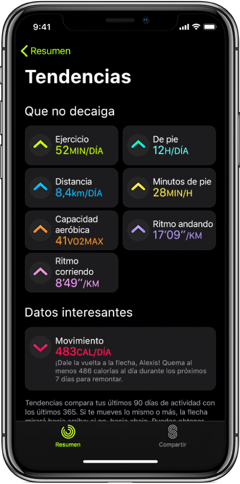 Pestaña Tendencias en la app Fitness del iPhone. Aparecen unas cuantas métricas debajo de Tendencias cerca de la parte superior de la pantalla. Entre otras, aparecen las métricas: Ejercicio, “De pie” y Distancia. Movimiento aparece debajo de “Ojo al dato”.