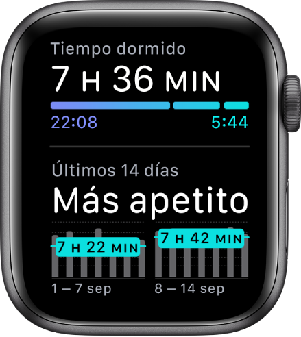 La pantalla de Sueño con las horas que has dormido y las tendencias de sueño de los últimos 14 días.