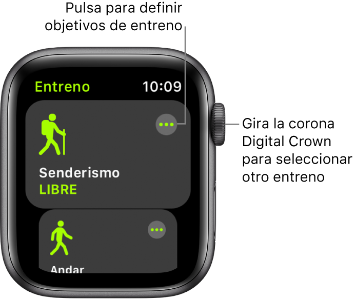 La pantalla Entreno, con el entreno Senderismo resaltado. Arriba a la derecha se muestra un botón Más. Debajo se muestra una parte del entreno Andar.