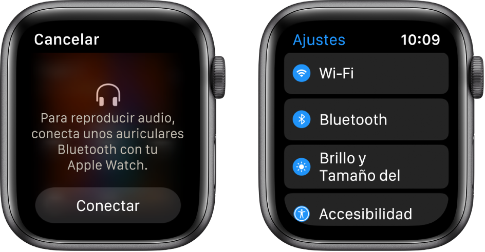 Dos pantallas, una junto a otra. A la izquierda hay una pantalla con indicaciones para conectar los auriculares Bluetooth al Apple Watch. En la parte inferior hay un botón Conectar. A la derecha está la pantalla Ajustes, con los botones Wi-Fi, Bluetooth, “Brillo y tamaño del texto” y Accesibilidad en una lista.