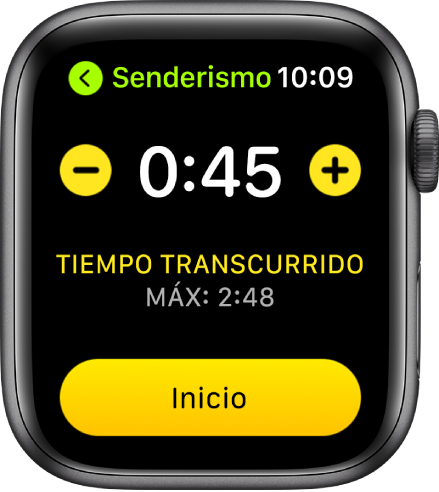 Pantalla del objetivo con el tiempo cerca de la parte superior, los botones + o – a cada lado y el botón Empezar en la parte inferior.