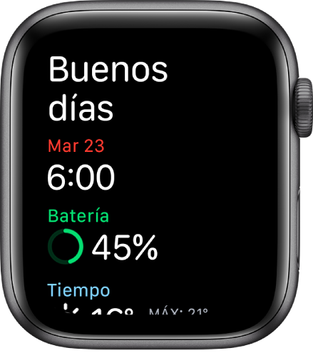 Un Apple Watch con la pantalla de despertarse. Las palabras “Buenos días” aparecen en la parte inferior. Debajo se muestra la fecha, la hora, el porcentaje de batería y el tiempo.