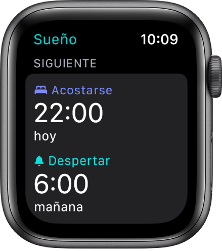 La app Sueño con el horario de sueño nocturno. La hora de ir a dormir está ajustada a las 22:00 y la de despertarse, a las 6:00.