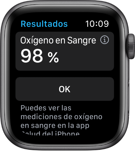 La pantalla de los resultados de Oxígeno en Sangre con un nivel de saturación de oxígeno en sangre del 98 por ciento. Abajo se muestra el botón OK.