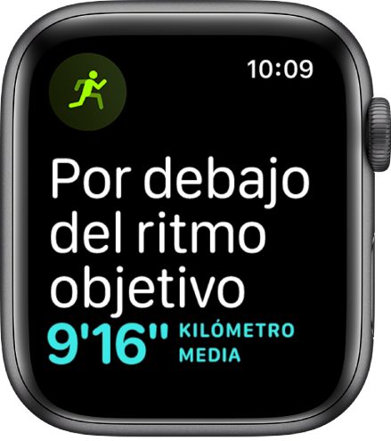 Pantalla de la app Entreno que le dice al usuario que está corriendo por debajo de su ritmo objetivo.