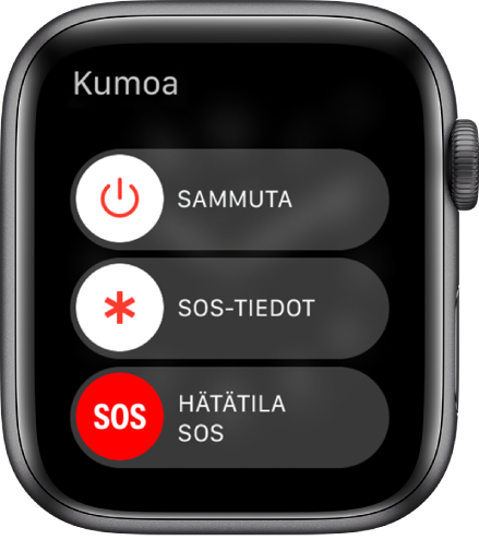 Apple Watchin näyttö, jossa on kolme liukusäädintä: Virta pois päältä, SOS-tiedot ja Hätätilanne SOS. Laita Apple Watch pois päältä vetämällä Virta pois ‑liukusäädintä.