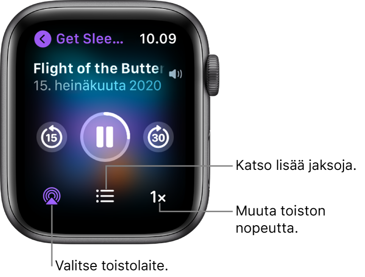 Podcastit-apin Toistossa nyt -näyttö, jossa on podcastin nimi, jakson nimi, päivämäärä, painike, jolla palataan 15 sekuntia taaksepäin, keskeytyspainike, painike, jolla siirrytään 30 sekuntia eteenpäin, AirPlay-painike, jaksopainike ja toistonopeuden painike.