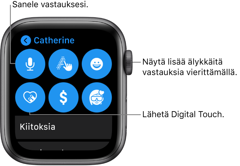Vastausnäytössä näkyvät Sanele-, Kirjoitus-, Emoji-, Digital Touch-, Apple Pay- ja Memoji-painikkeet. Älykkäät vastaukset ovat alapuolella. Katso lisää älykkäitä vastauksia kääntämällä Digital Crownia