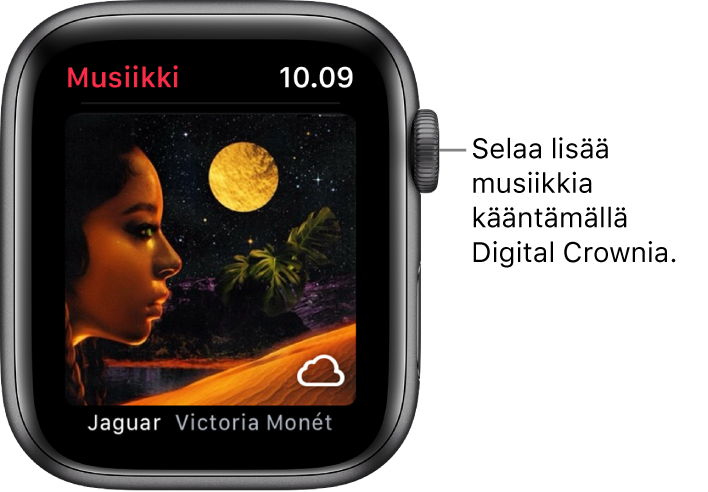 Näyttö, jossa näkyy albumi ja sen kuvitus Musiikki-apissa.
