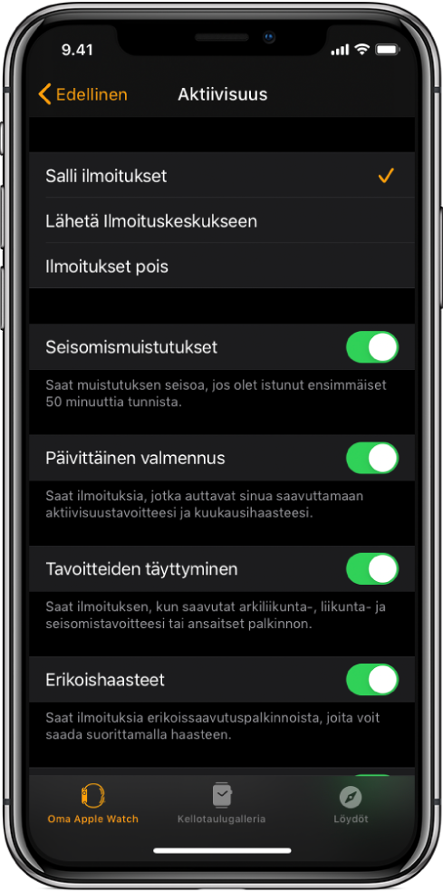 Apple Watch ‑apin Aktiivisuus-näyttö, jossa voit muokata haluamiasi ilmoituksia.