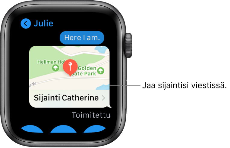 Viestit-näyttö, jossa näkyy kartta lähettäjän sijainnista.