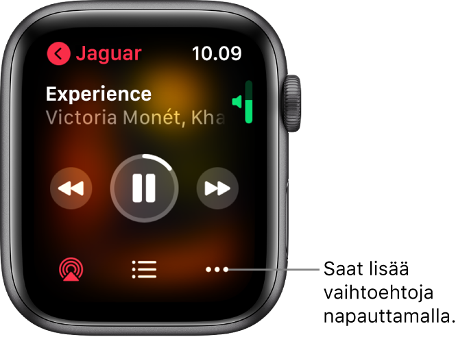 Toistossa nyt -näyttö Musiikki-apissa. Albumin nimi on ylävasemmalla. Kappaleen nimi ja artisti näkyvät ylhäällä, toistosäätimet keskellä ja alhaalla on AirPlay-, kappalelista- ja Valinnat-painikkeet.
