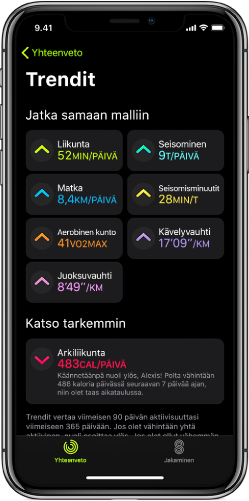 Trendit-välilehti iPhonen Aktiivisuus-apissa. Useita mitattavia kohteita näkyy Trendit-otsikon alla lähellä näytön yläreunaa. Mitattavia kohteita ovat muun muassa Liikunta, Seisominen ja Matka. Arkiliikunta on Katsomisen arvoista -otsikon alla.