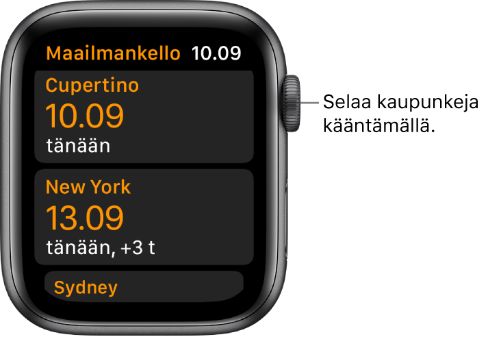 Maailmankello-appi, jossa on luettelo kaupunkeja ja vierityspalkki.