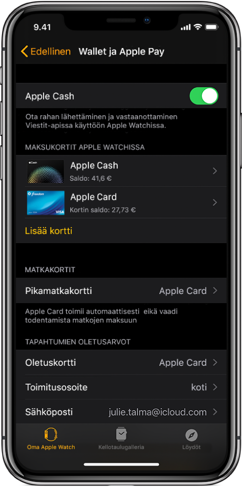 Wallet ja Apple Pay -näyttö iPhonen Apple Watch ‑apissa. Näytöllä näkyy Apple Watchiin lisättyjä kortteja, kortti, jonka olet valinnut käytettäväksi Express-korttina, ja maksun oletusasetukset.