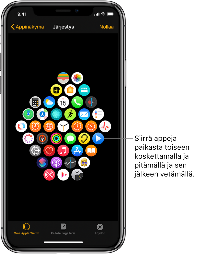 Apple Watch -apissa oleva Järjestys-näyttö, jossa näkyvät kuvakkeet ruudukossa.