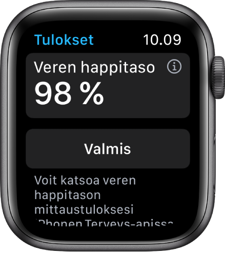 Veren happitason tulosnäyttö, jossa näkyy veren happisaturaatio 98 prosenttia. Valmis-painike on alareunassa.
