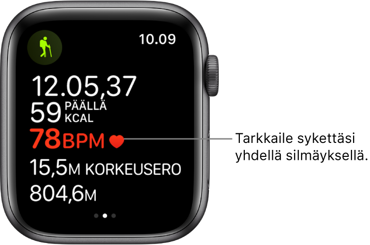 Näyttö, jossa on treenin tilastot, mukaan lukien kulunut aika ja syke.