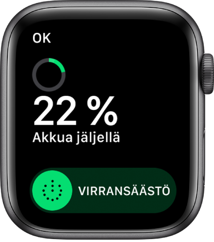 Virransäästö-näyttö, jossa näkyy Valmis-painike vasemmassa yläkulmassa, jäljellä oleva akku prosentteina ja Virransäästö-liukusäädin.