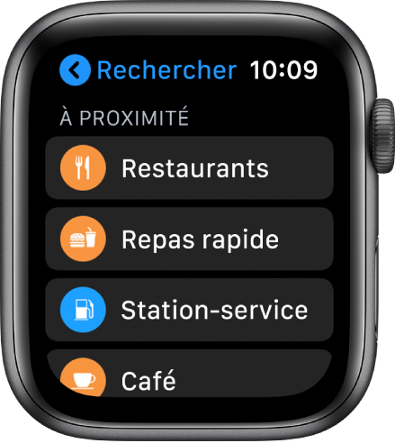 L’app Plans qui affiche une liste de catégorie : Restaurants, Restauration rapide, Stations-service, Café, etc.