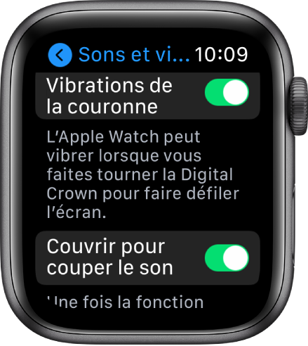 L’écran Vibrations de la couronne qui affiche le commutateur Vibrations de la couronne activé. Le bouton Couvrir pour couper le son se trouve en dessous.
