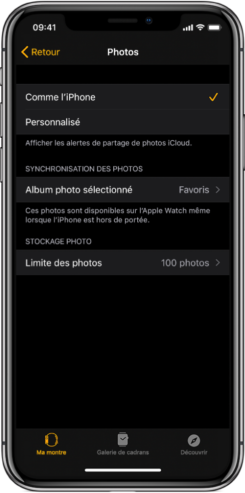 Réglages de Photos dans l’app Watch de l’iPhone avec « Synchronisation des photos » au milieu et « Limite des photos » en dessous.