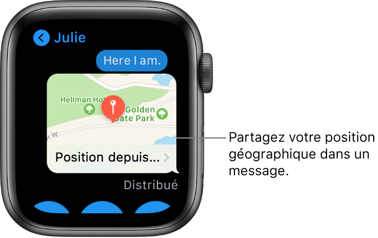 L’écran de Messages qui affiche un plan de la position géographique de l’expéditeur.