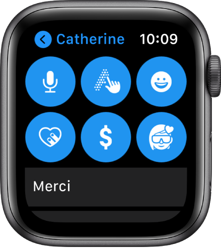 Un écran Messages qui affiche les boutons Apple Pay, Dictée, Griffonner, Émojis, Contact numérique et Memoji.