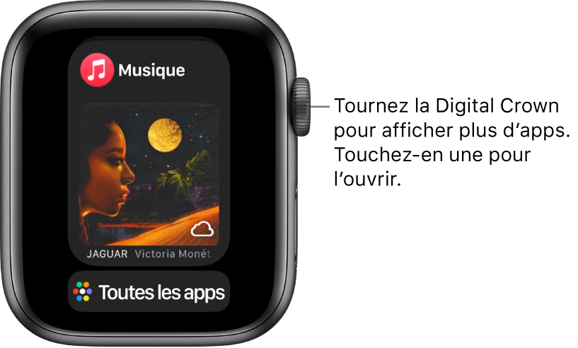 Le Dock qui affiche l’app Musique avec un bouton « Toutes les apps » en dessous. Tournez la Digital Crown pour afficher plus d’apps. Touchez-en une pour l’ouvrir.