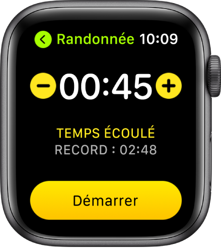 L’écran des objectifs qui affiche le temps vers le haut de l’écran, les boutons – et + sur les côtés, et le bouton Démarrer en bas.