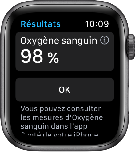 L’écran de résultats Oxygène sanguin qui affiche une saturation sanguine de 98 %. Un bouton OK se trouve dans le bas.