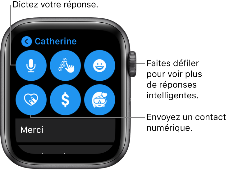 Écran de réponse qui affiche les boutons Dictée, Griffonner, Émojis, Contact numérique, Apple Pay et Memoji. Les réponses intelligentes se trouvent en dessous. Tournez la couronne Digital Crown pour afficher plus de réponses intelligentes.